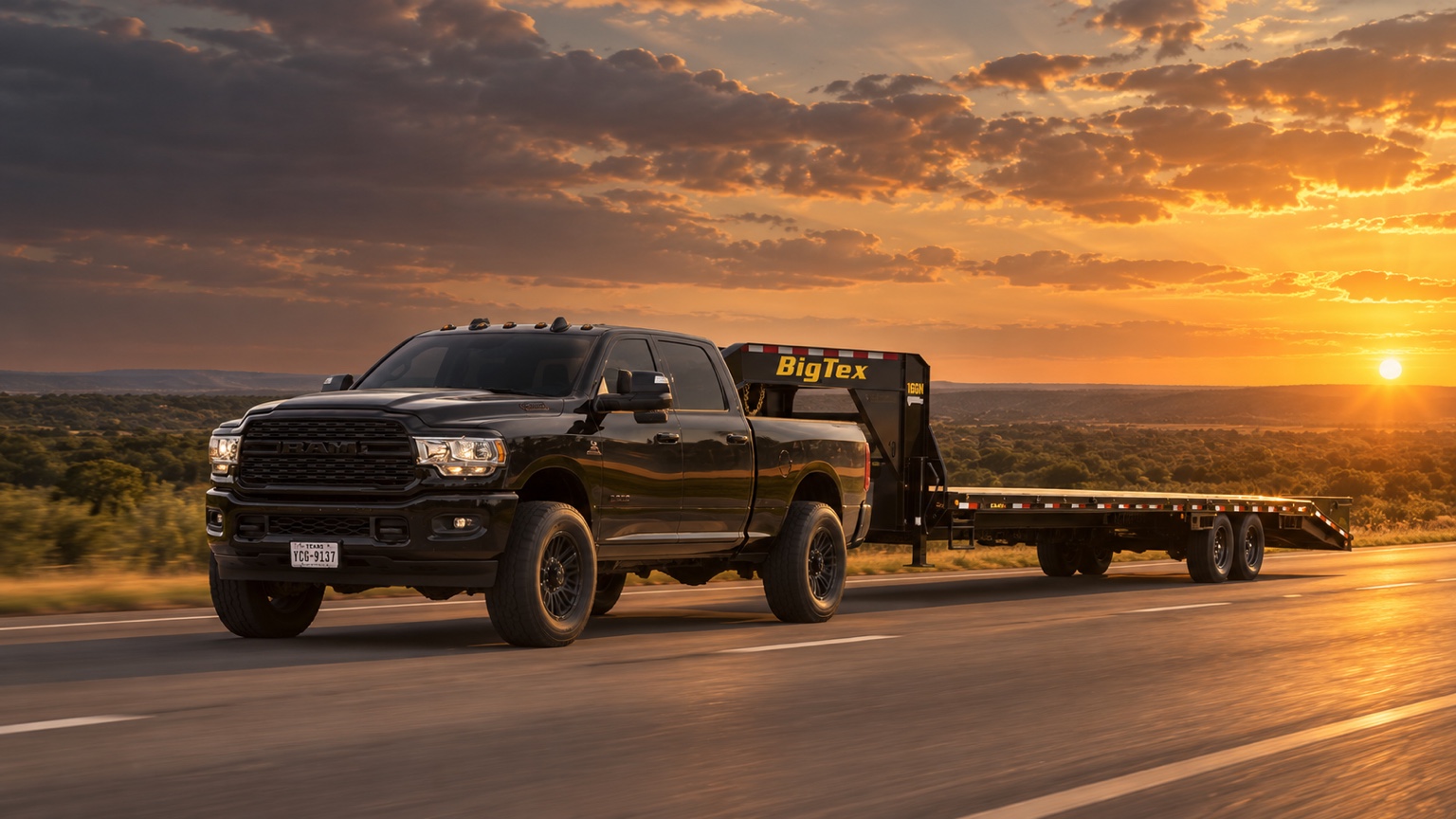 Quick K Transport Ram 2500 towing a Big Tex gooseneck trailer for hotshot trucking
